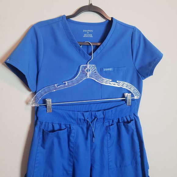 Jaanuu Royal Blue 3-Pocket V-Neck Top Small + Drawstring 6 Pocket Pant Scrub Set - Picture 2 of 10